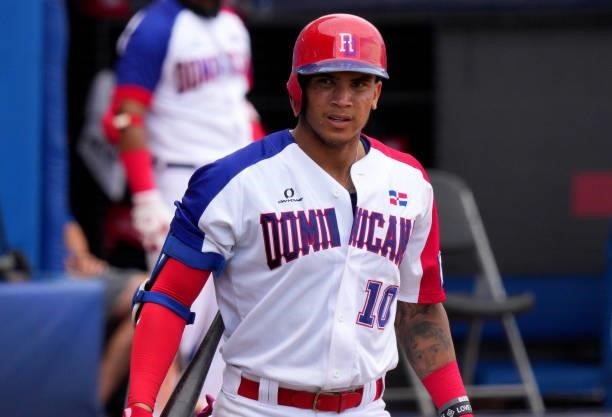 Jeison Guzmán of Dominican Republic gets ready to hit in the eighth inning against Canada during the WBSC Baseball Americas Qualifier Super Round at...