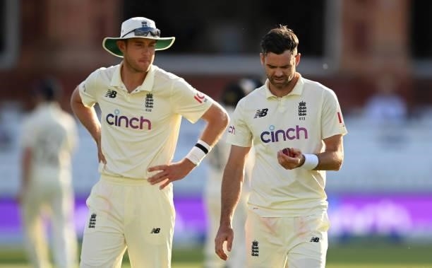 Stuart Broad and James Anderson of England during Day 4 of the First LV= Insurance Test match between England and New Zealand at Lord's Cricket...