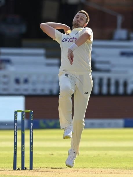 Ollie Robinson of England bowls during Day 4 of the First LV= Insurance Test match between England and New Zealand at Lord's Cricket Ground on June...