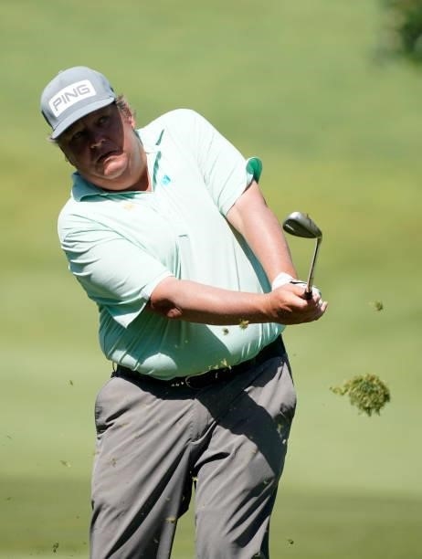 Tim Herrron of the United States chips onto the 18th green during the second round of the Principal Charity Classic at Wakonda Club on June 05, 2021...