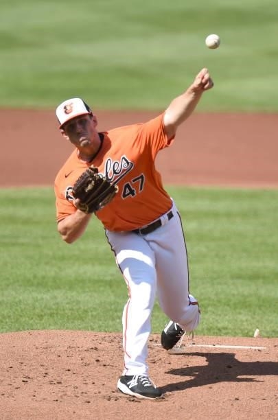John Means of the Baltimore Orioles pitches in the first inning against the Cleveland Indians at Oriole Park at Camden Yards on June 05, 2021 in...