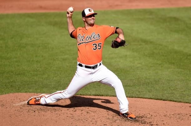 Adam Plutko of the Baltimore Orioles pitches in the seond inning against the Cleveland Indians at Oriole Park at Camden Yards on June 05, 2021 in...