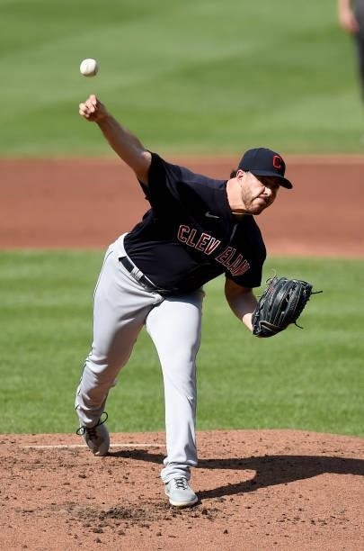 Aaron Civale of the Cleveland Indians pitches in the first inning against the Baltimore Orioles at Oriole Park at Camden Yards on June 05, 2021 in...
