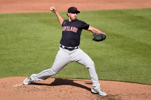 Aaron Civale of the Cleveland Indians pitches in the second inning against the Baltimore Orioles at Oriole Park at Camden Yards on June 05, 2021 in...