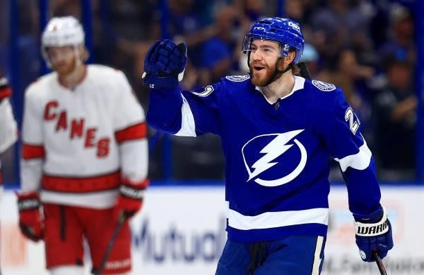 Brayden Point of the Tampa Bay Lightning celebrates a first period goal during Game Four of the Second Round of the 2021 Stanley Cup Playoffs against...