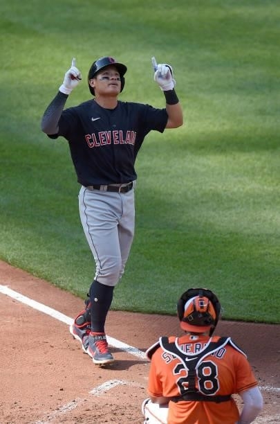 Yu Chang of the Cleveland Indians celebrates after hitting a three-run home run in the third inning against the Baltimore Orioles at Oriole Park at...