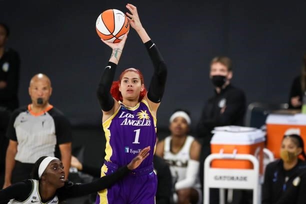 Amanda Zahui B of the Los Angeles Sparks makes a three point shot against the Chicago Sky in the second half at Los Angeles Convention Center on June...