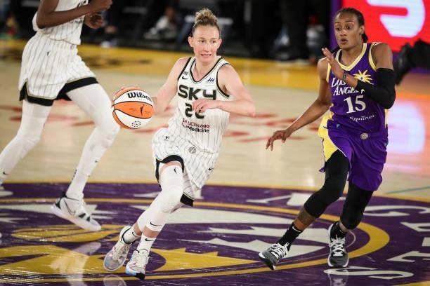 Courtney Vandersloot of the Chicago Sky handles the ball defended by Brittney Sykes of the Los Angeles Sparks at Los Angeles Convention Center on...