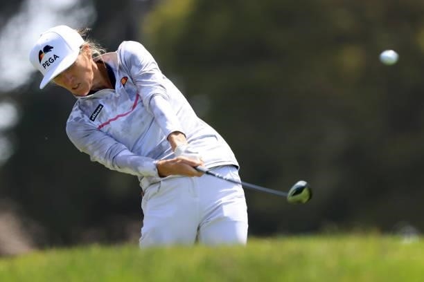 Mel Reid of England hits her tee shot on the fourth hole during the third round of the 76th U.S. Women's Open Championship at The Olympic Club on...