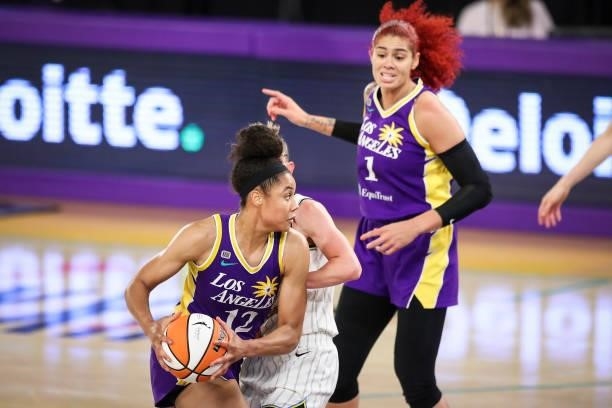 Nia Coffey of the Los Angeles Sparks handles the ball in the second half against the Chicago Sky at Los Angeles Convention Center on June 05, 2021 in...
