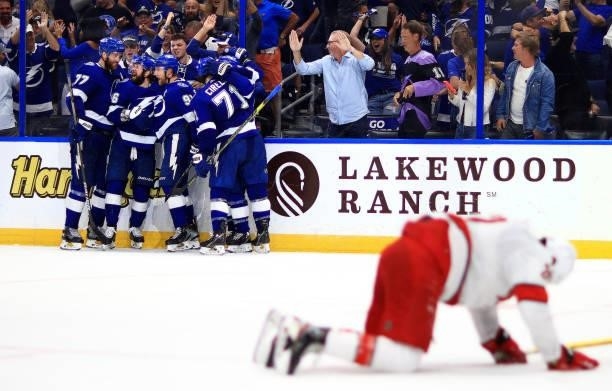 Steven Stamkos of the Tampa Bay Lightning celebrates a second period goal during Game Four of the Second Round of the 2021 Stanley Cup Playoffs...