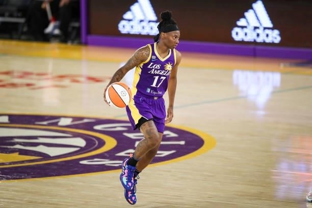 Erica Wheeler of the Los Angeles Sparks handles the ball during the second half against the Chicago Sky at Los Angeles Convention Center on June 05,...