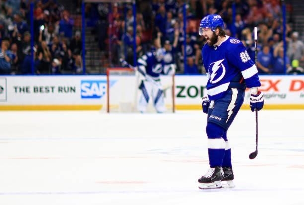 Nikita Kucherov of the Tampa Bay Lightning celebrates a second period goal during Game Four of the Second Round of the 2021 Stanley Cup Playoffs...