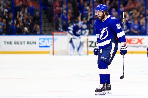 Nikita Kucherov of the Tampa Bay Lightning celebrates a second period goal during Game Four of the Second Round of the 2021 Stanley Cup Playoffs...