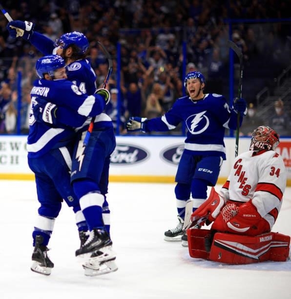 Tyler Johnson of the Tampa Bay Lightning celebrates a second period goal during Game Four of the Second Round of the 2021 Stanley Cup Playoffs...