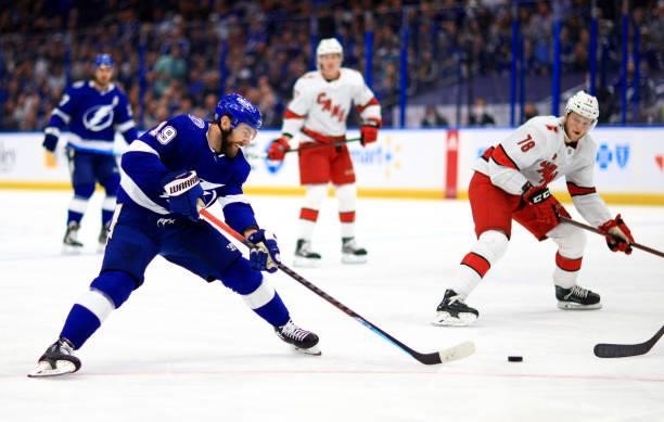 Barclay Goodrow of the Tampa Bay Lightning shoots during Game Four of the Second Round of the 2021 Stanley Cup Playoffs against the Carolina...