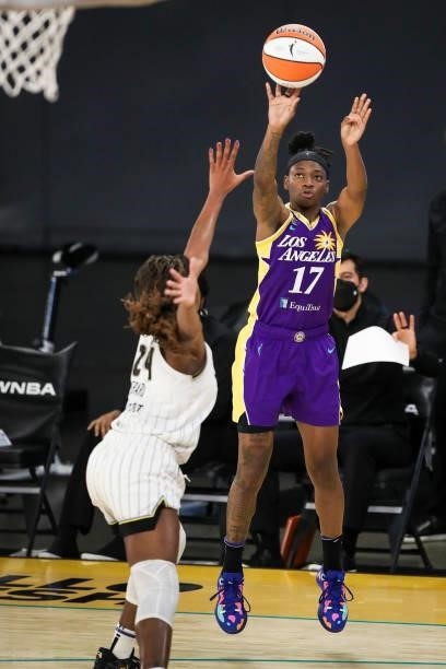 Erica Wheeler of the Los Angeles Sparks shoots defended by Ruthy Hebard of the Chicago Sky at Los Angeles Convention Center on June 05, 2021 in Los...