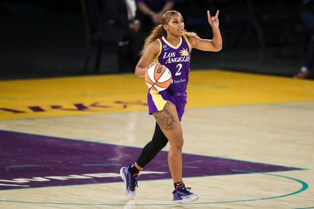 Te'a Cooper of the Los Angeles Sparks signals to the team during the second half against the Chicago Sky at Los Angeles Convention Center on June 05,...
