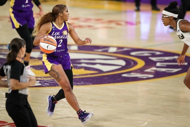 Te'a Cooper of the Los Angeles Sparks handles the ball during the game against the Chicago Sky at Los Angeles Convention Center on June 05, 2021 in...