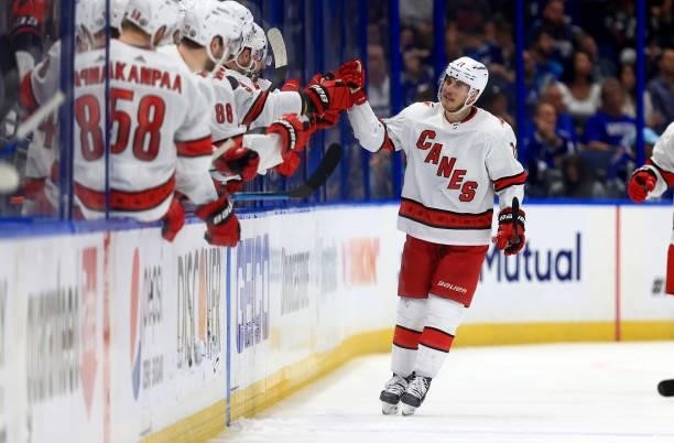 Jesper Fast of the Carolina Hurricanes celebrates a second period goal during Game Four of the Second Round of the 2021 Stanley Cup Playoffs against...