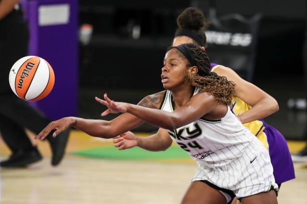 Ruthy Hebard of the Chicago Sky passes the ball during the game against the Los Angeles Sparks at Los Angeles Convention Center on June 05, 2021 in...