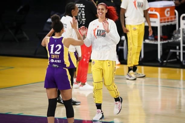 Amanda Zahui B of the Los Angeles Sparks is introduced before the game against the Chicago Sky at Los Angeles Convention Center on June 05, 2021 in...