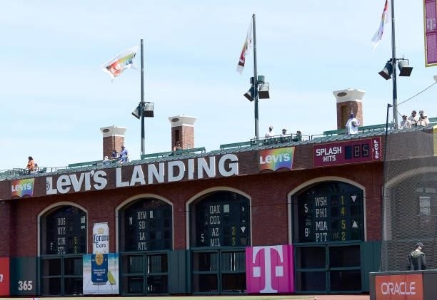 Detailed view of Levi's Landing, the right field wall inside Oracle Park, with the Levi's flags and logos dressed in rainbow colors that symbolize...
