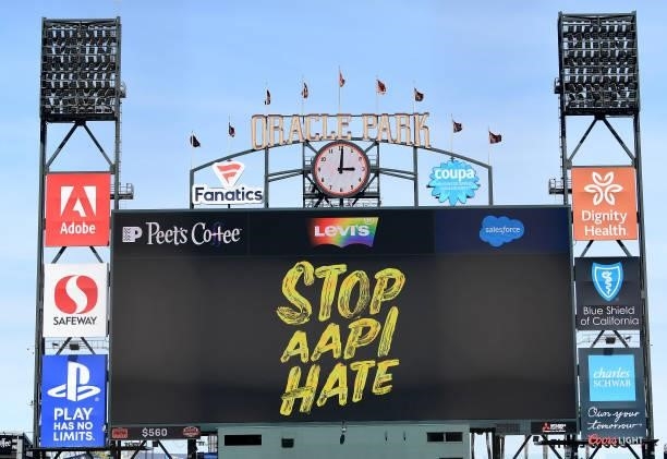 Detailed view of the scoreboard inside Oracle Park with the Levi's logo in rainbow colors that symbolize the LGBT community on San Francisco Pride...