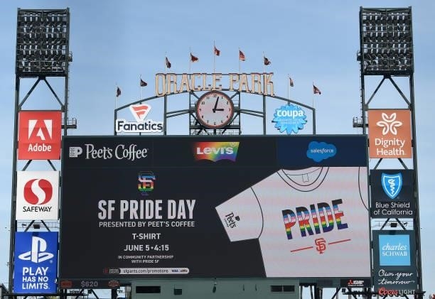 Detailed view of the scoreboard inside Oracle Park promoting San Francisco Pride Day prior to the start of the game between the Chicago Cubs and San...