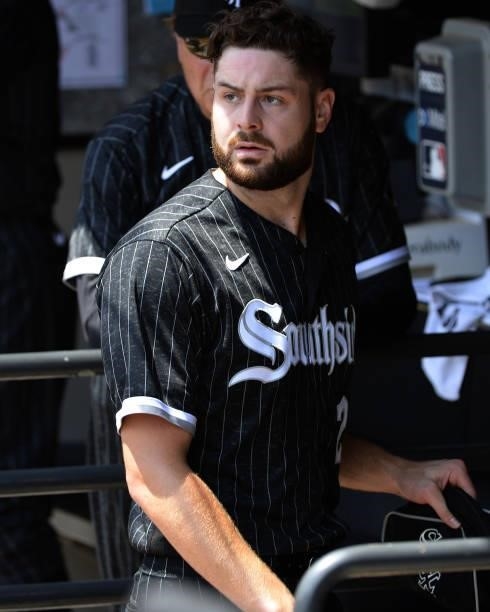 Lucas Giolito of the Chicago White Sox looks on against the Detroit Tigers on June 5, 2021 at Guaranteed Rate Field in Chicago, Illinois. The White...