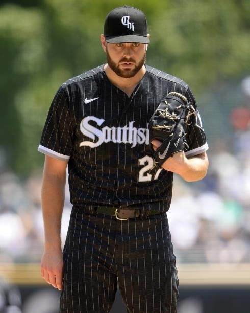 Lucas Giolito of the Chicago White Sox pitches against the Detroit Tigers on June 5, 2021 at Guaranteed Rate Field in Chicago, Illinois. The White...
