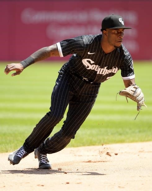 Tim Anderson of the Chicago White Sox fields against the Detroit Tigers on June 5, 2021 at Guaranteed Rate Field in Chicago, Illinois. The White Sox...
