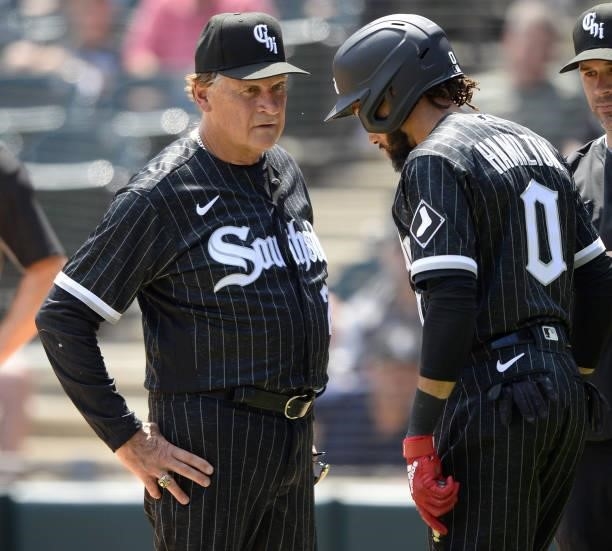 Manager Tony La Russa speaks with Billy Hamilton of the Chicago White Sox during the game against the Detroit Tigers on June 5, 2021 at Guaranteed...