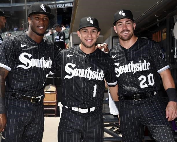 Tim Anderson, Nick Madrigal and Danny Mendick of the Chicago White Sox pose for a photo prior to the game against the Detroit Tigers on June 5, 2021...