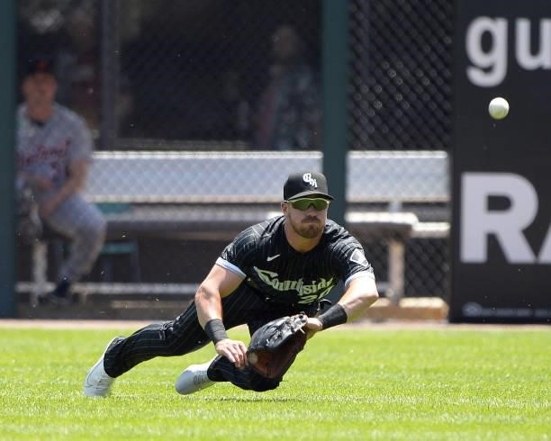 Danny Mendick of the Chicago White Sox dives but cannot catch the double hit by Willi Castro of the Detroit Tigers on June 5, 2021 at Guaranteed Rate...