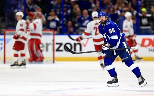 Nikita Kucherov of the Tampa Bay Lightning celebrates a third period goal during Game Four of the Second Round of the 2021 Stanley Cup Playoffs...