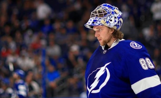 Andrei Vasilevskiy of the Tampa Bay Lightning looks on during Game Four of the Second Round of the 2021 Stanley Cup Playoffs against the Carolina...