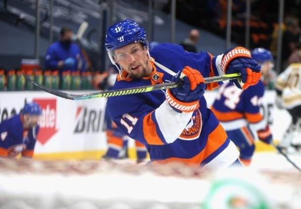Austin Czarnik of the New York Islanders skates in warm-ups prior to the game against the Boston Bruins in Game Four of the Second Round of the 2021...