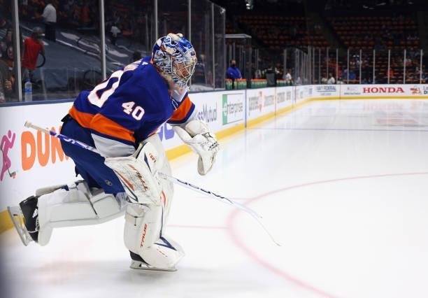 Semyon Varlamov of the New York Islanders leads the team out for warm-ups prior to the game against the Boston Bruins in Game Four of the Second...