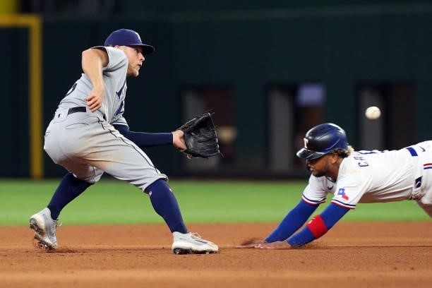 Taylor Walls of the Tampa Bay Rays gets the throw as Willie Calhoun of the Texas Rangers attempts to steal second in the eighth inning at Globe Life...