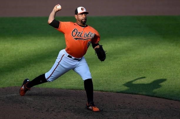 Cesar Valdez of the Baltimore Orioles pitches in the seventh inning against the Cleveland Indians at Oriole Park at Camden Yards on June 05, 2021 in...
