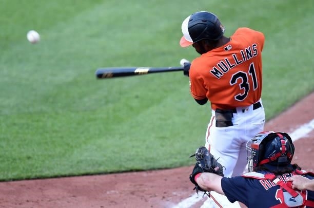 Cedric Mullins of the Baltimore Orioles hits a single in the seventh inning against the Cleveland Indians at Oriole Park at Camden Yards on June 05,...