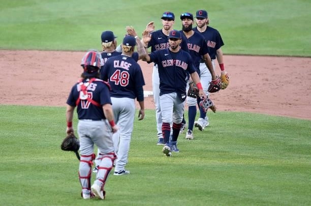 The Cleveland Indians celebrate after a 10-4 victory against the Baltimore Orioles at Oriole Park at Camden Yards on June 05, 2021 in Baltimore,...