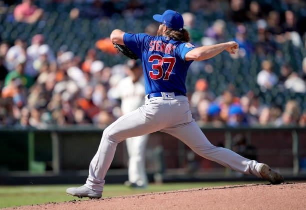 Kohl Stewart of the Chicago Cubs pitches against the San Francisco Giants during the bottom of the first inning at Oracle Park on June 05, 2021 in...