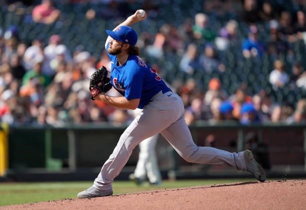 Kohl Stewart of the Chicago Cubs pitches against the San Francisco Giants during the bottom of the first inning at Oracle Park on June 05, 2021 in...