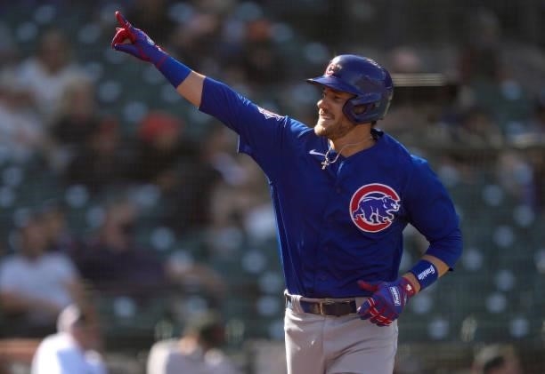 Patrick Wisdom of the Chicago Cubs celebrates after hitting a two-run home run against San Francisco Giants during the top of the second inning at...