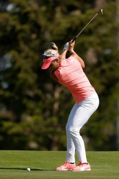 Lexi Thompson of the United States hits her second shot on the 11th hole during the third round of the 76th U.S. Women's Open Championship at The...