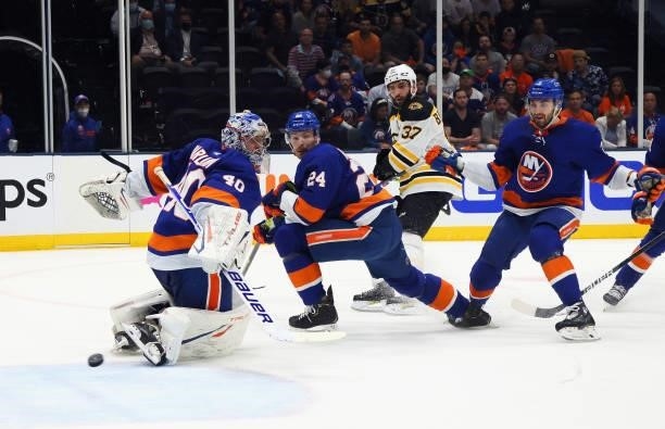Semyon Varlamov of the New York Islanders makes the first period save on David Pastrnak of the Boston Bruins in Game Four of the Second Round of the...