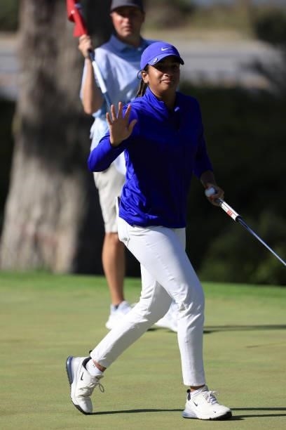 Megha Ganne of the United States reacts to her putt on the 13th hole during the third round of the 76th U.S. Women's Open Championship at The Olympic...