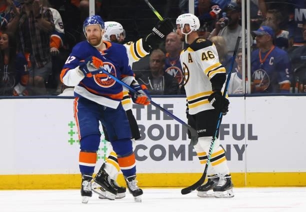 David Krejci of the Boston Bruins celebrates his powerplay goal against the New York Islanders at 3:47 of the second period in Game Four of the...